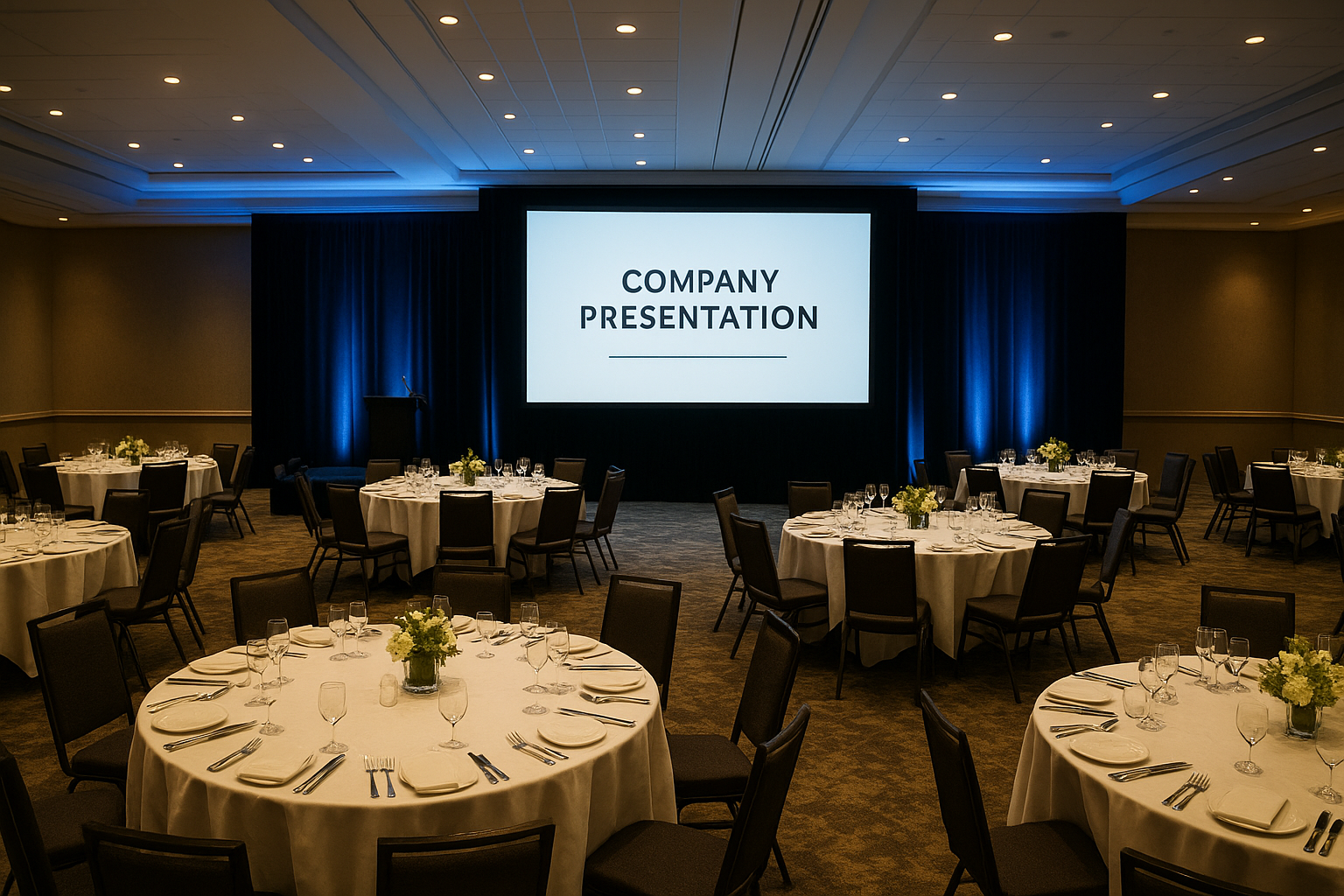 Corporate event hall using rented multimedia equipment including a projector screen and stage lighting