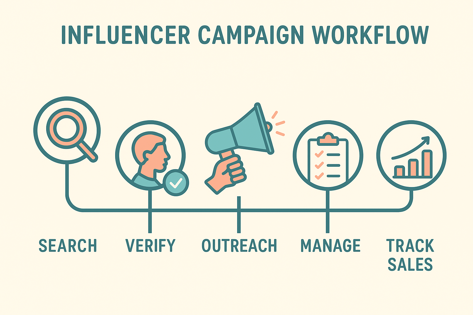 Five-step workflow diagram of discovering, vetting, and managing influencer campaigns