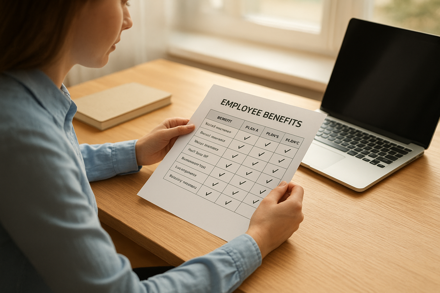 HR manager comparing full-time and part-time employee benefits on a laptop and printed chart