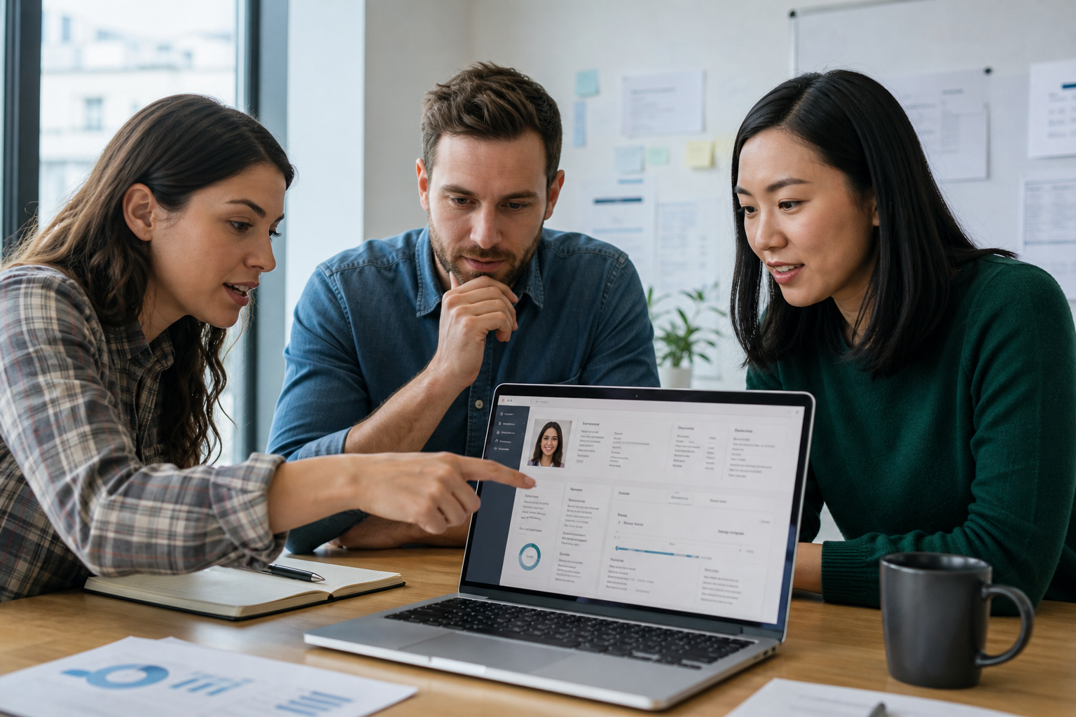 Small business team reviewing a unified client record during a software migration meeting