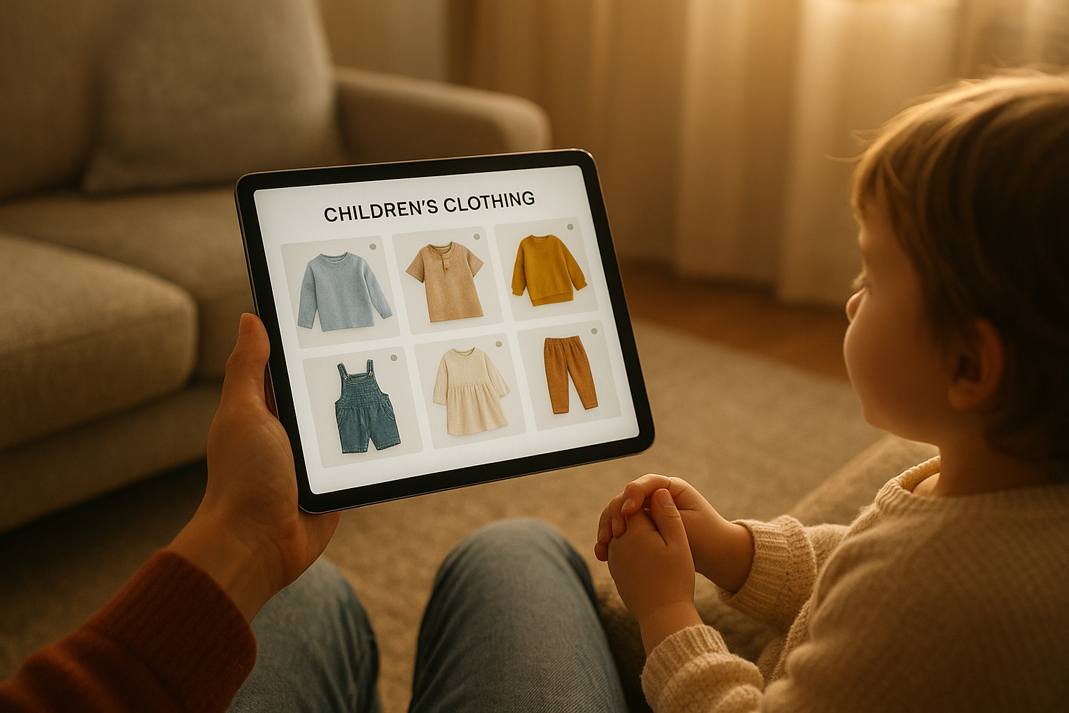 Parent browsing options from a children's rental clothing service on a tablet