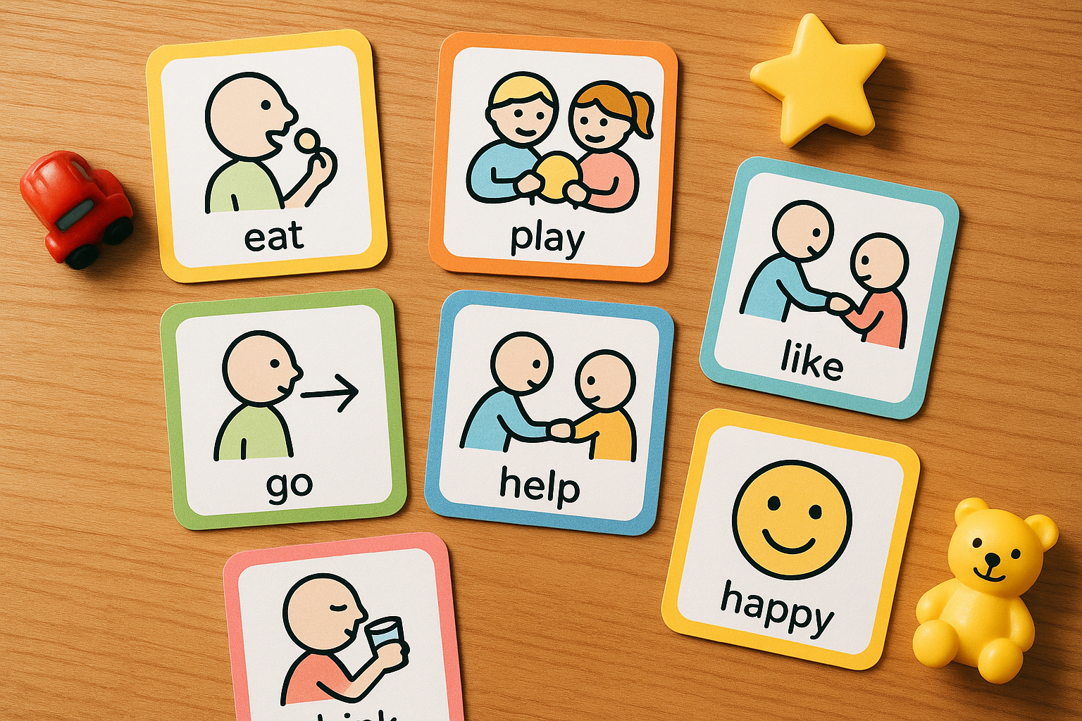 Colorful AAC symbol cards arranged for a preschool speech therapy activity