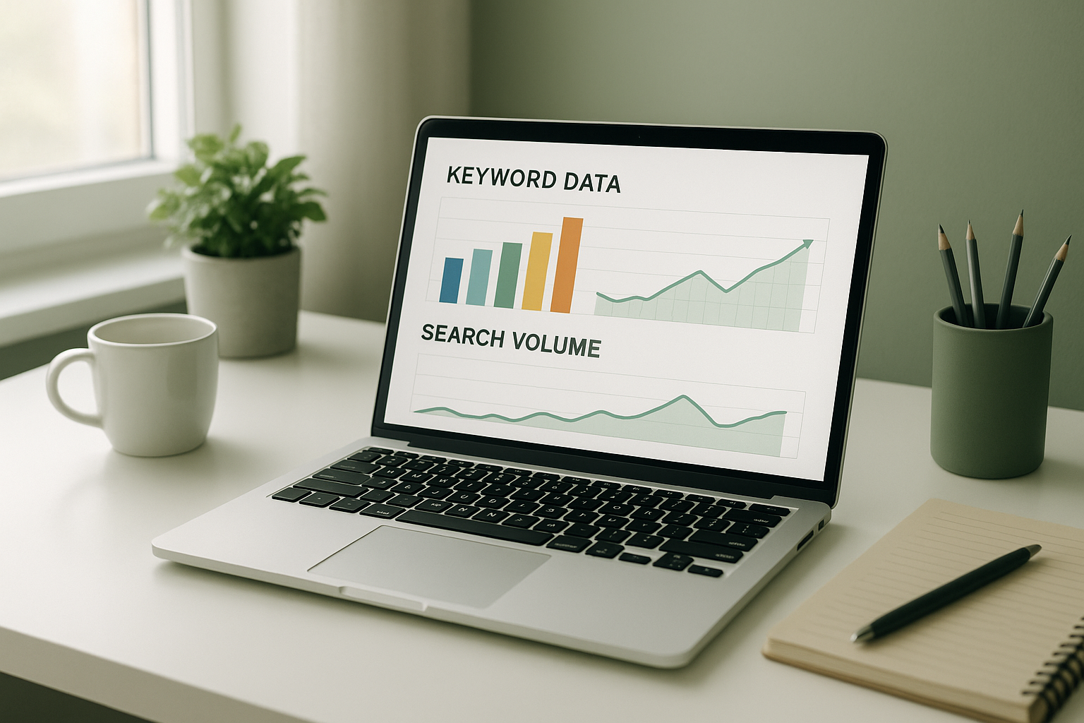 Laptop showing a free keyword research tool dashboard with search volume and keyword difficulty charts