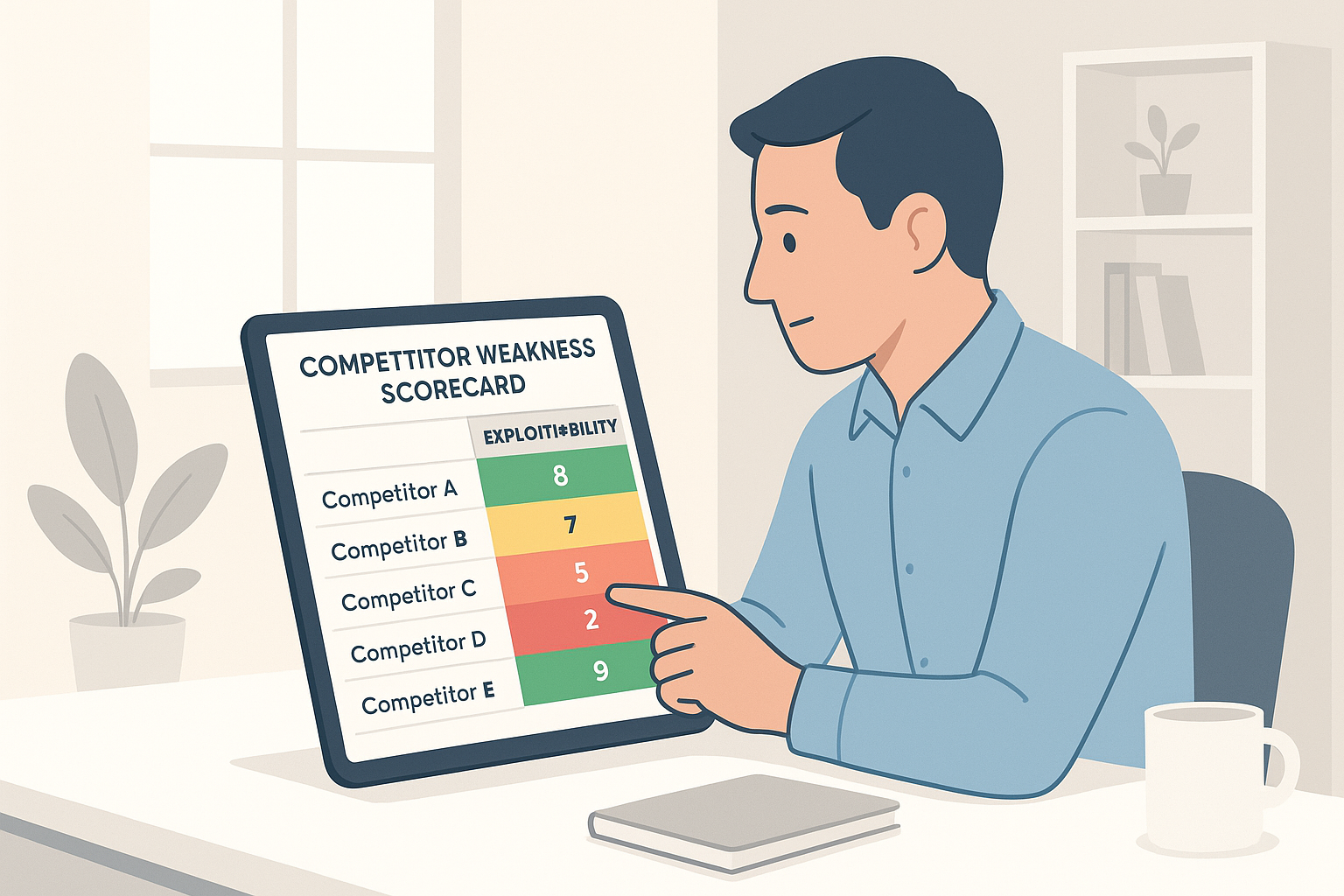 Business owner analyzing a competitor weakness scorecard with exploitability scores before launching a campaign