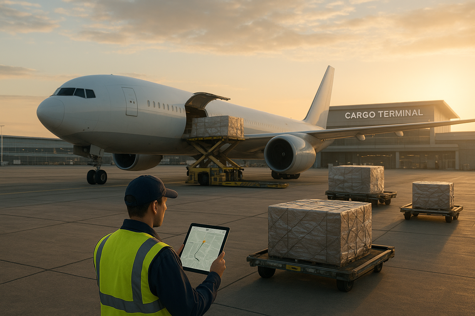 Airport cargo terminal worker checking air cargo tracking status on a tablet near a loading plane