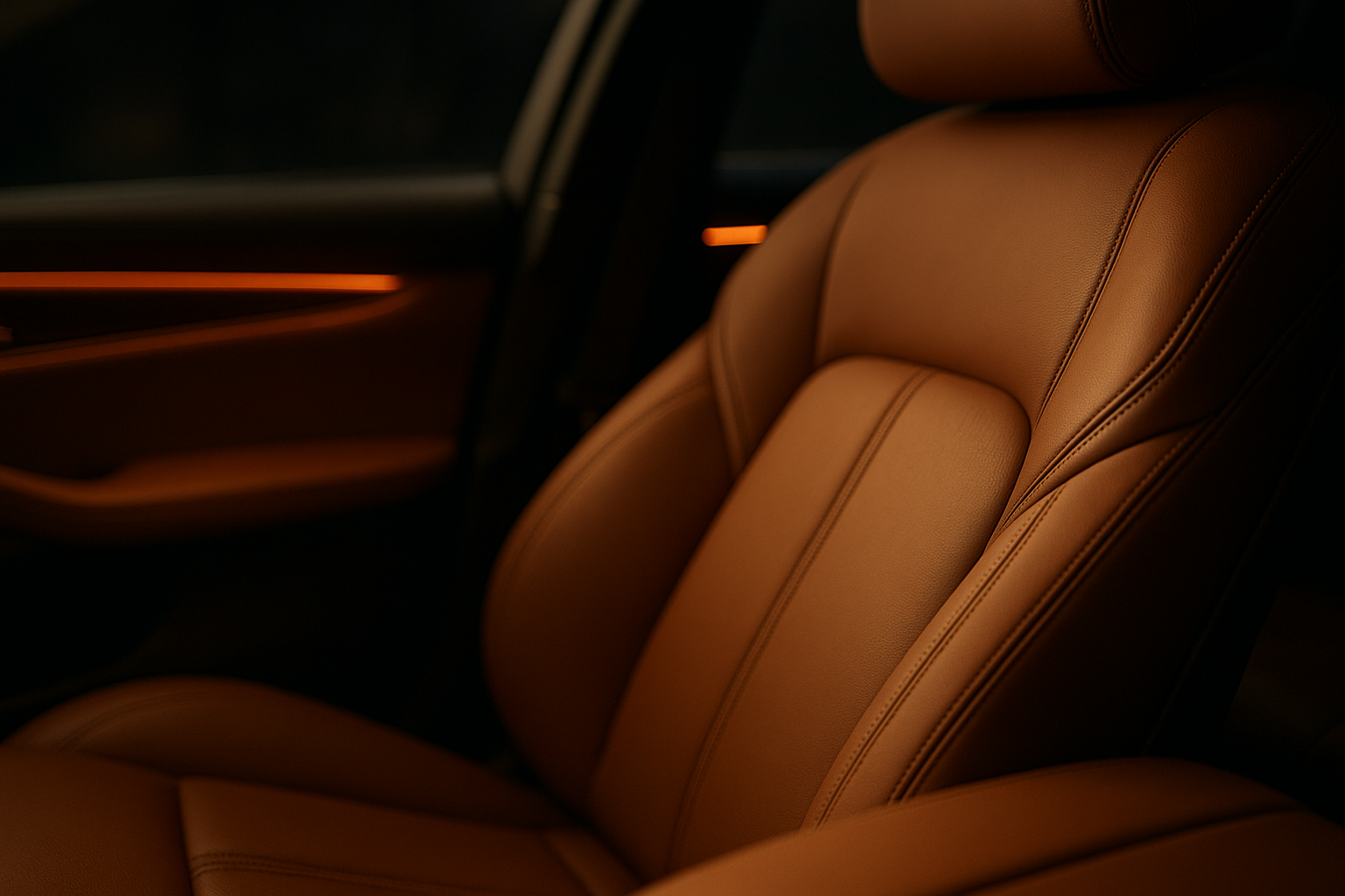 Leather interior and ambient lighting inside a premium chauffeured vehicle