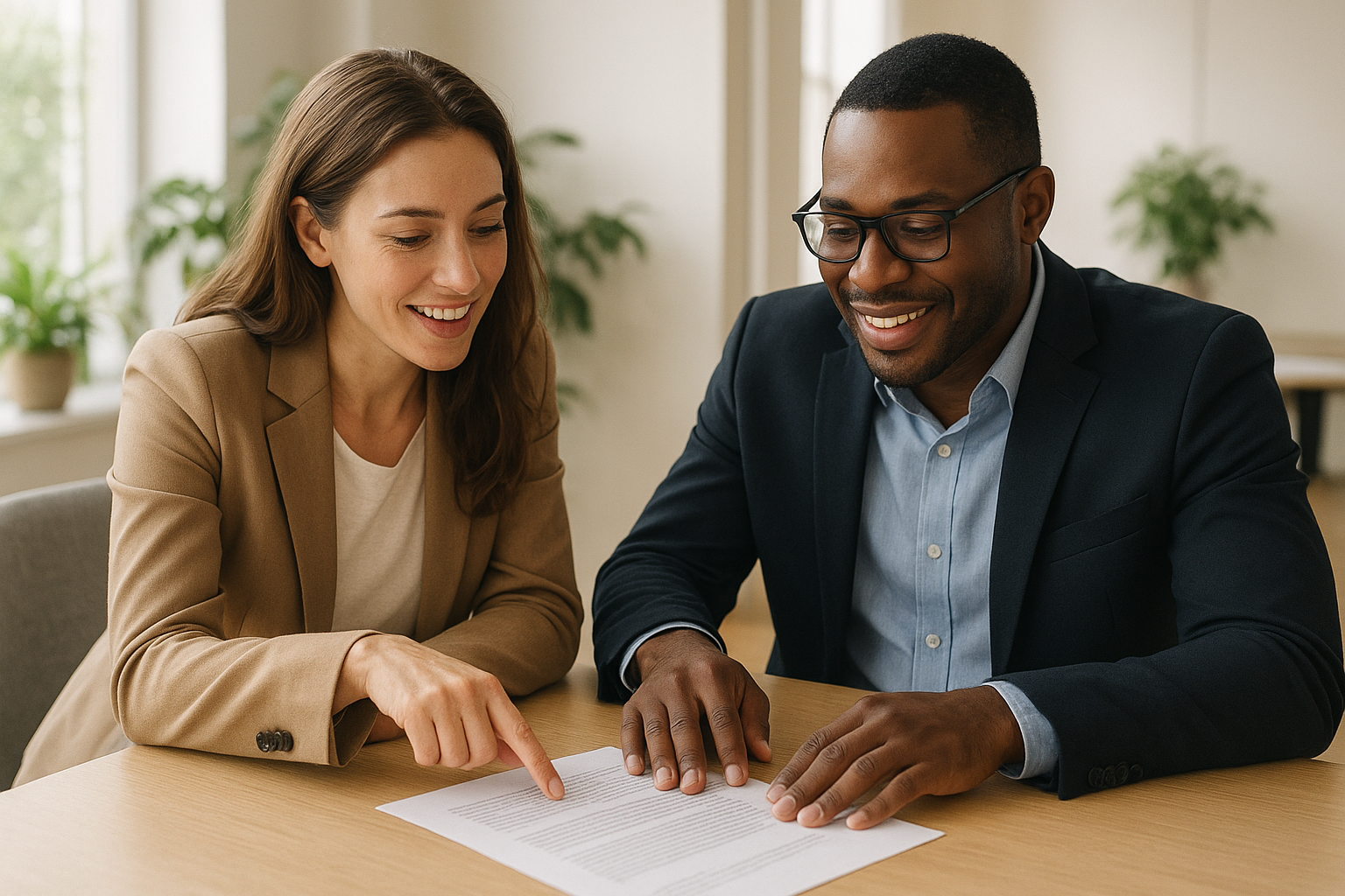 HR consultant and business owner discussing contract terms in a modern office