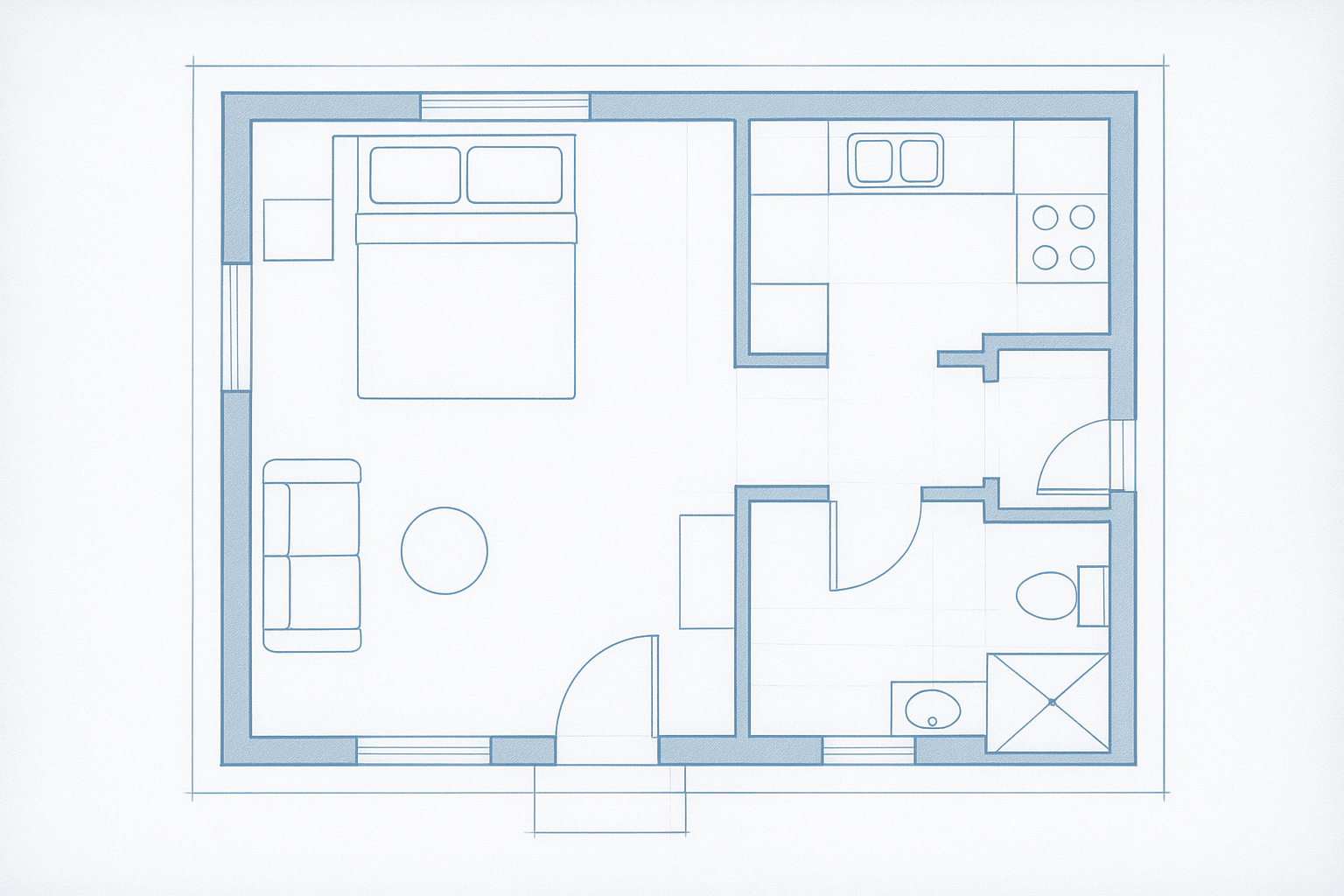 Accessory dwelling unit floor plan for a detached studio backyard cottage