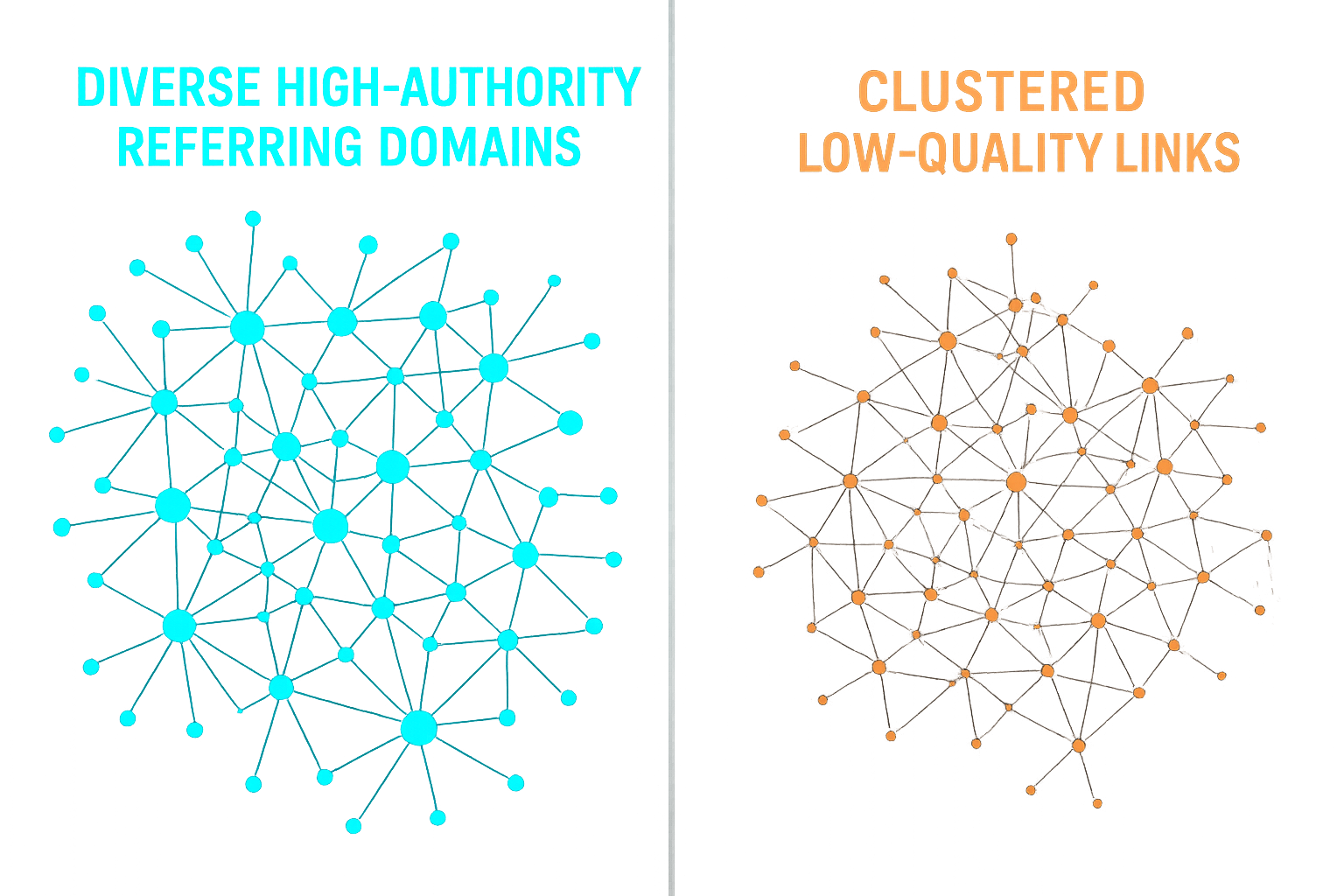 Comparison of a healthy backlink profile versus a toxic low-quality link profile in a network graph