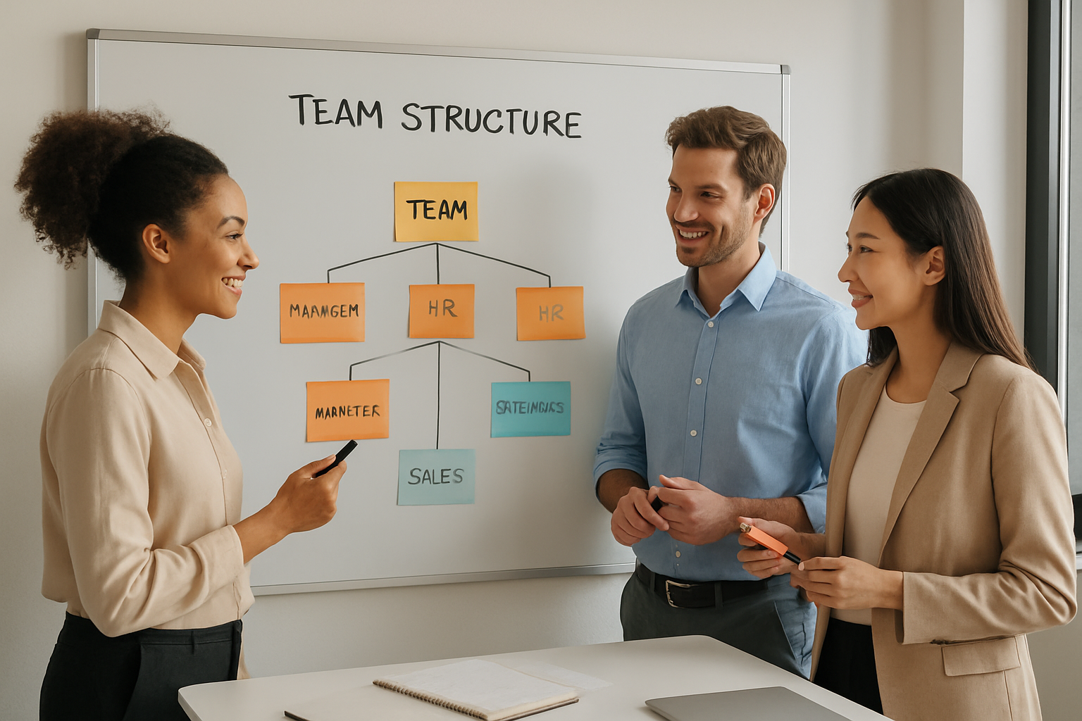 Team collaborating on building an organisational framework using a whiteboard and sticky notes