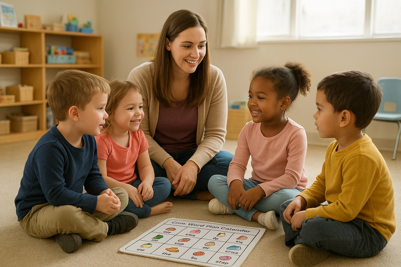 Classroom team using a core-word planning calendar alongside preschool speech sound stories