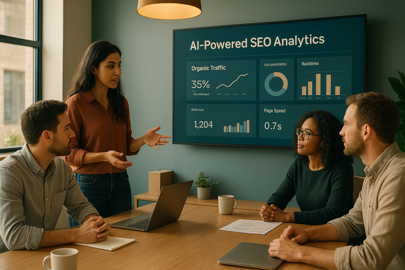 Marketing team analyzing an AI search analytics dashboard to track SEO performance