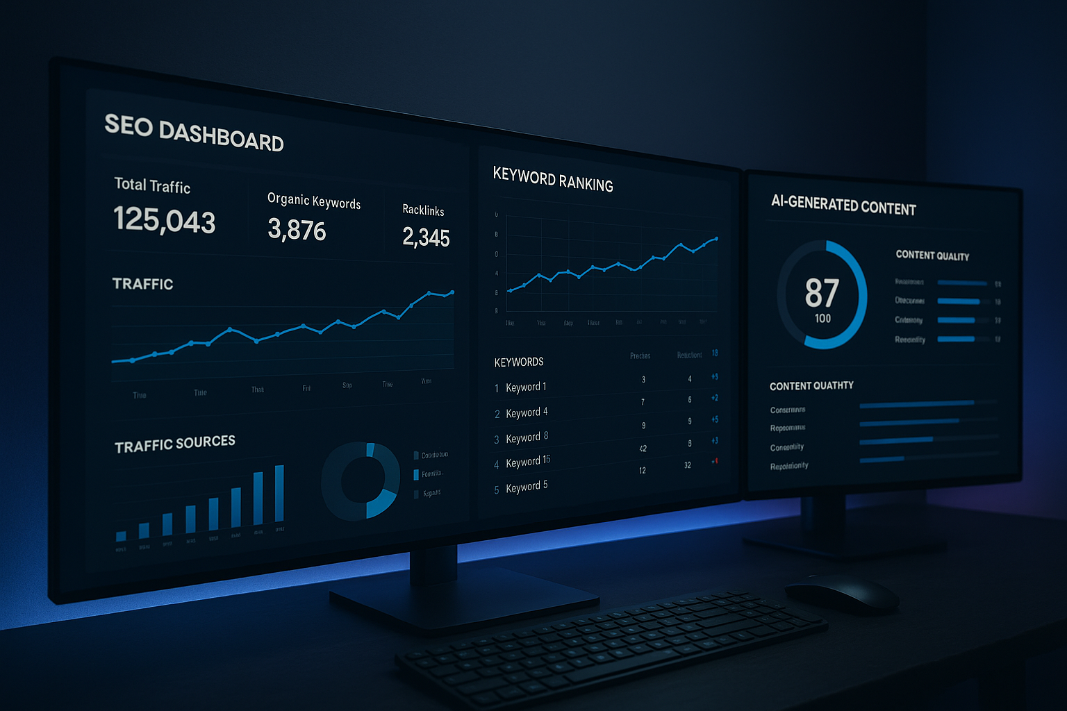 AI SEO optimization tools dashboard showing keyword rankings and content scores on multiple screens