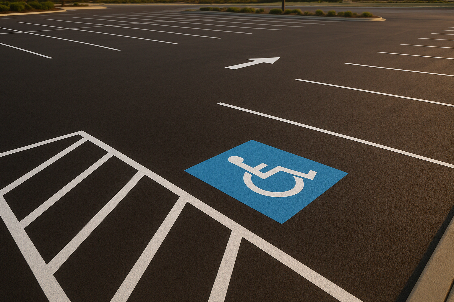 Pavement marking solutions applied to a commercial parking lot with fresh white striping