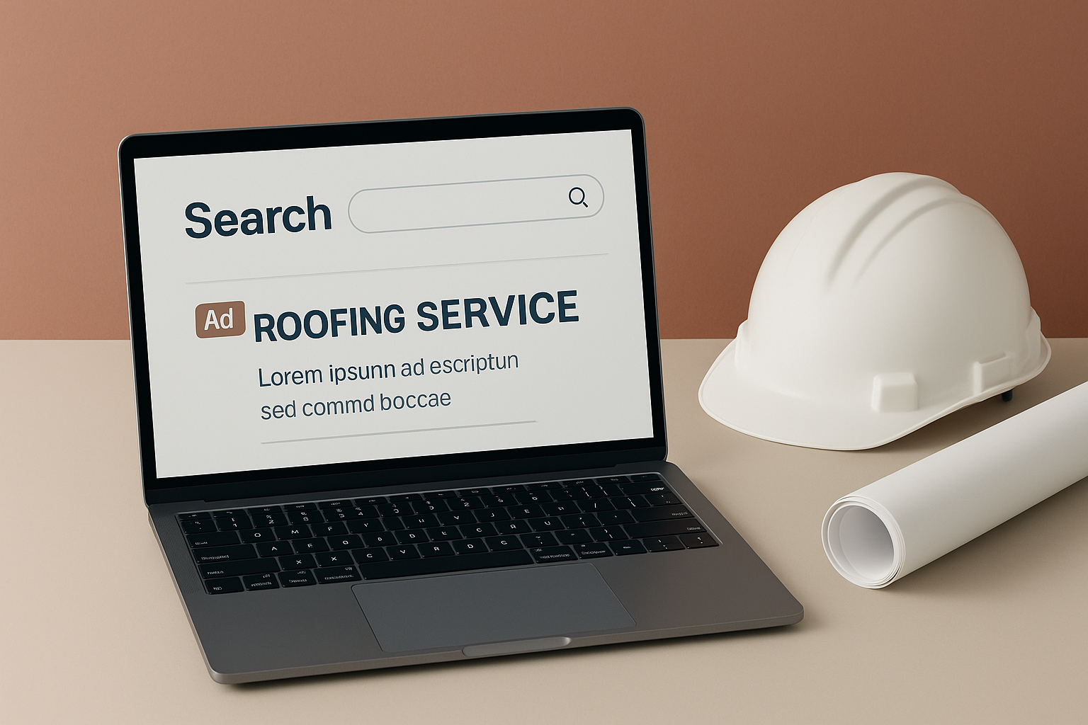Laptop mockup showing a roofing company's paid search ad headlines and descriptions