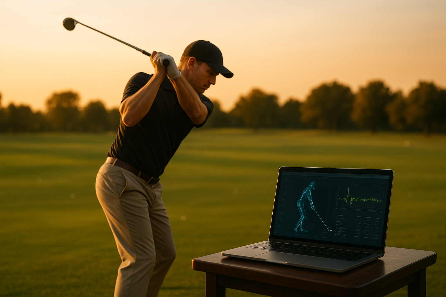 Golfer practicing swing mechanics while reviewing scientific golf swing coaching data
