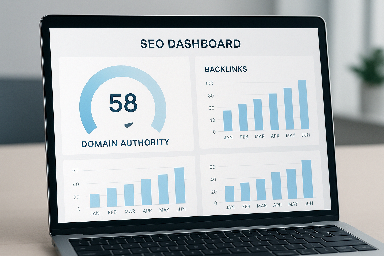 DA checker dashboard displaying a domain authority score of 58 with backlink growth charts