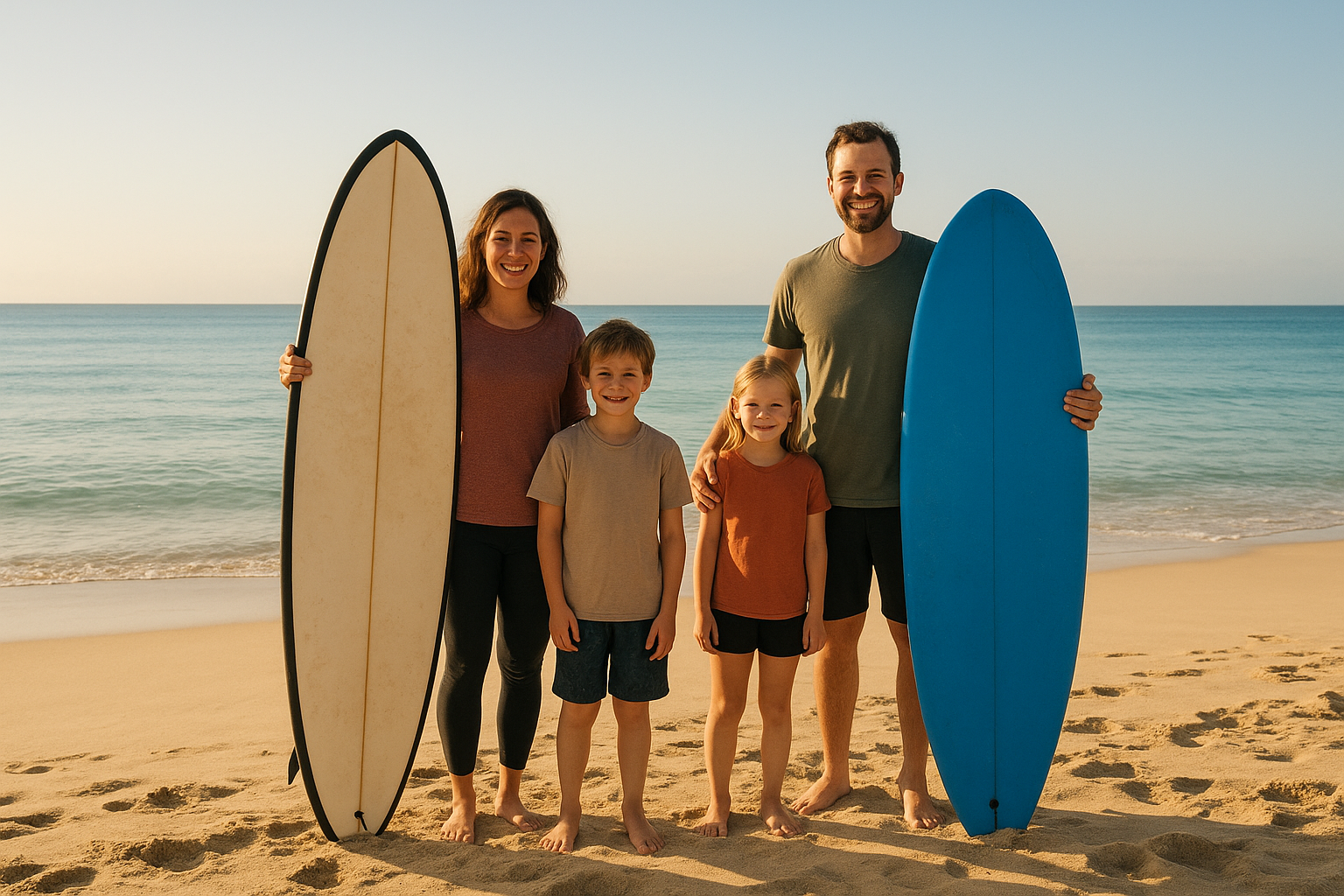 Family preparing for family-friendly surf lessons Oahu on a sandy beach