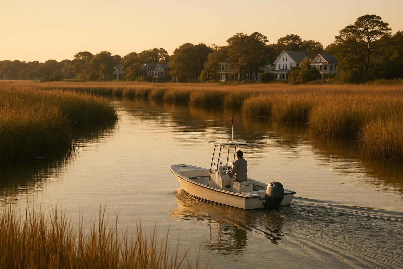 Guided fishing trips Conyway SC boat moving through a quiet coastal creek at sunrise