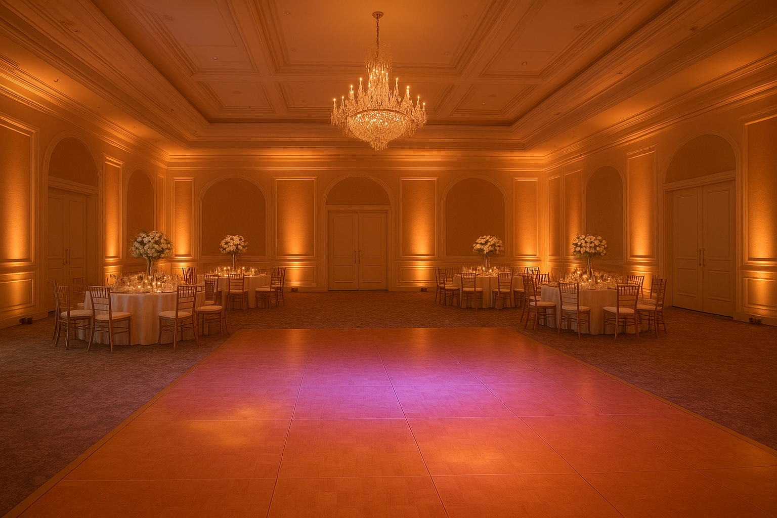 Wireless uplighting and dance-floor lighting set up after an event AV planning session