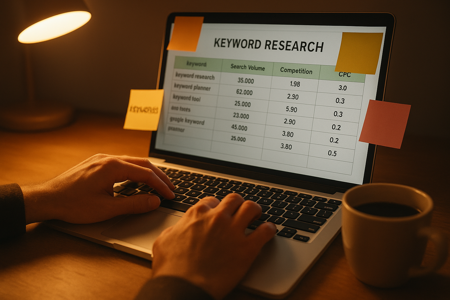 SEO professional conducting keyword research using an SEO tool like Ahrefs on a laptop