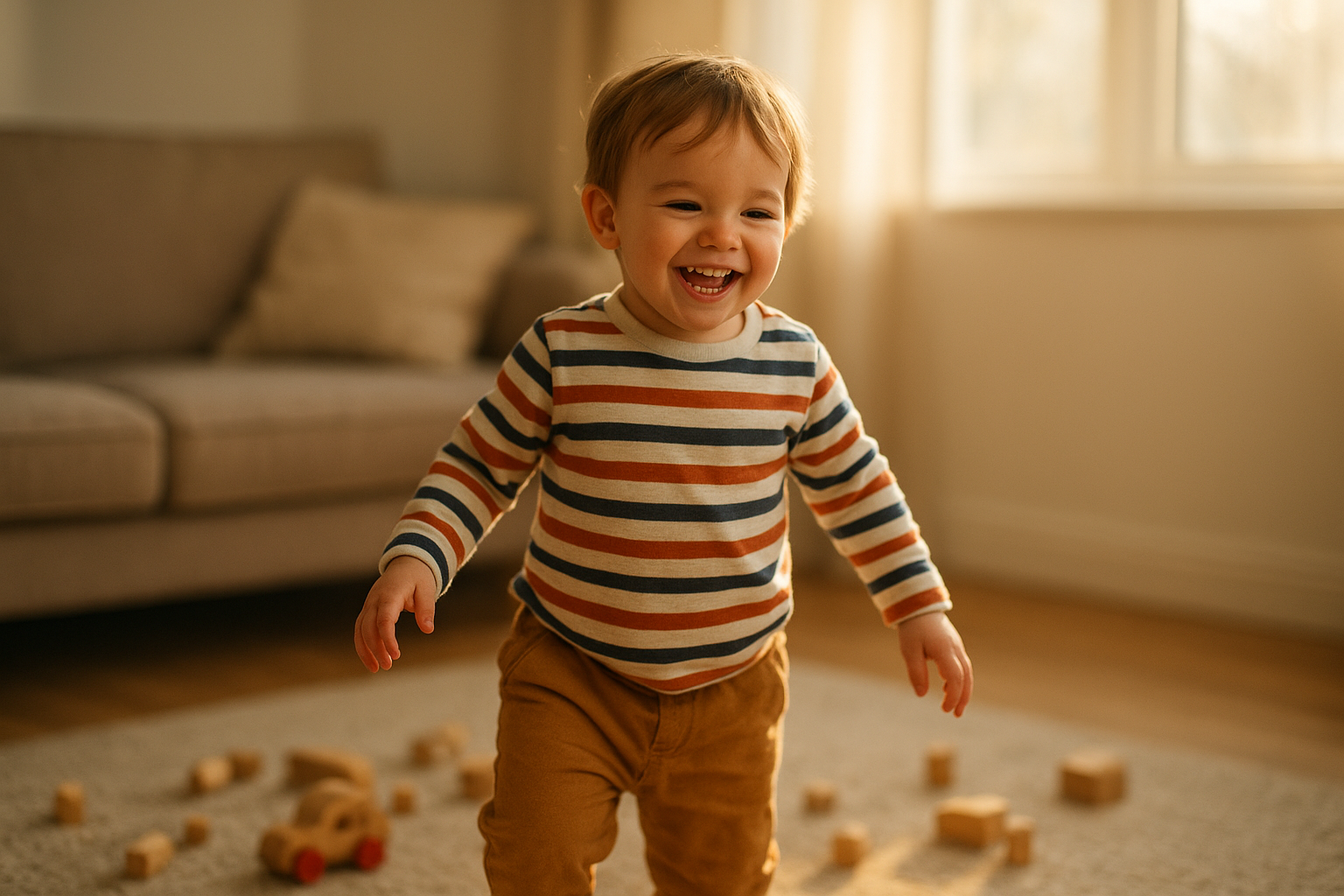 Happy toddler wearing fresh clothes from a kids clothing rotation subscription