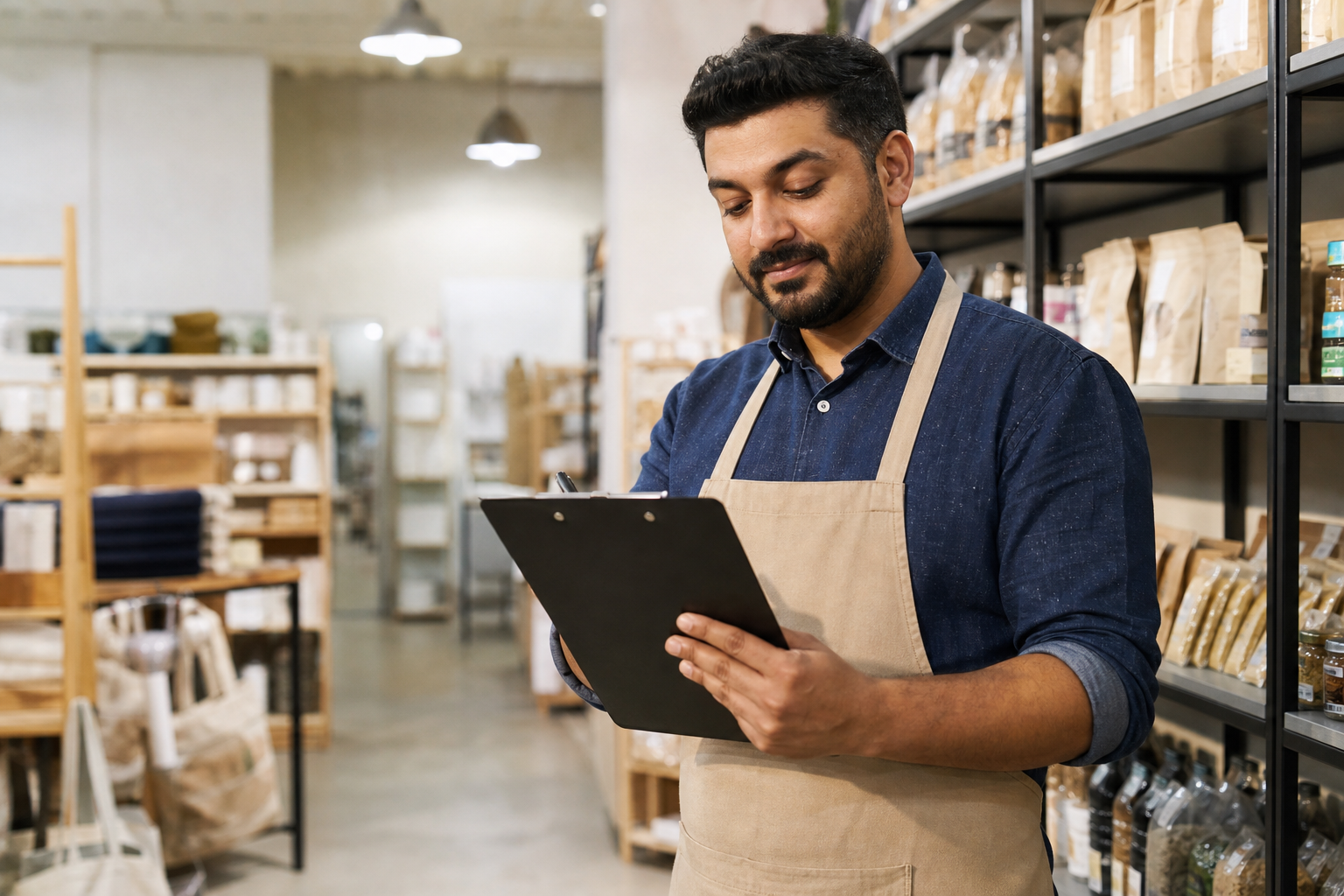 Retail business owner managing inventory after securing financing