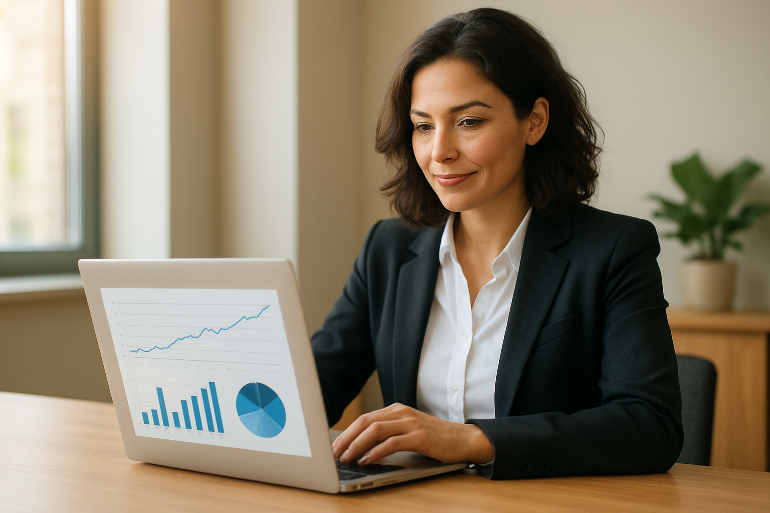 Business owner reviewing results from AI optimization technology on a laptop