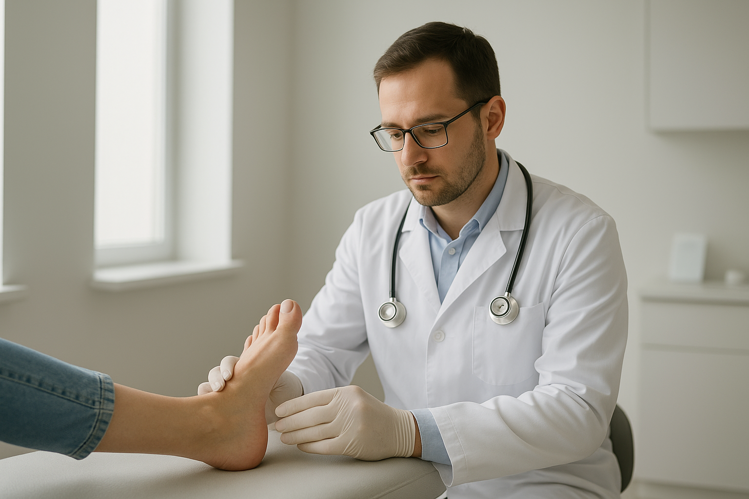 Podiatrist examining a patient's foot during a podiatrist orthotics consultation
