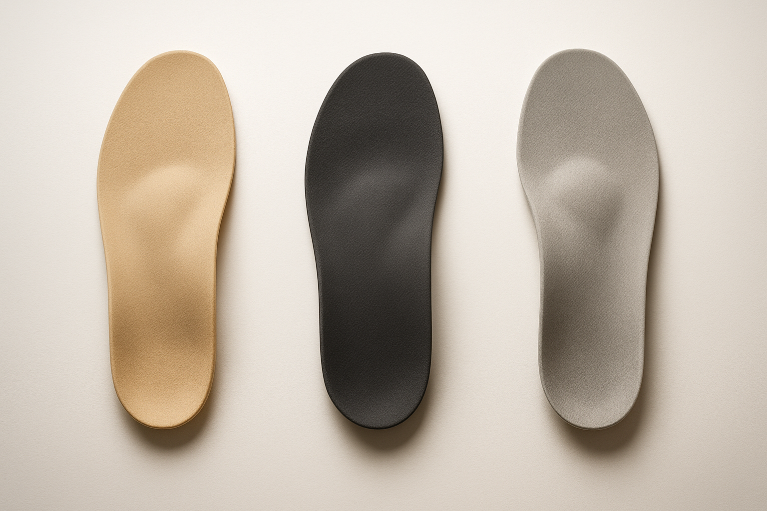 Three custom orthotic insoles for flat feet showing different arch support heights and corrective structures