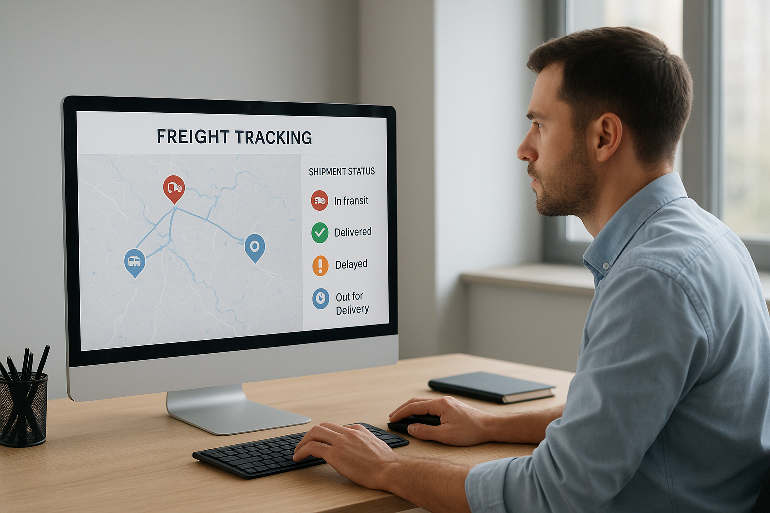 Logistics coordinator reviewing TForce freight tracking status on a dashboard screen