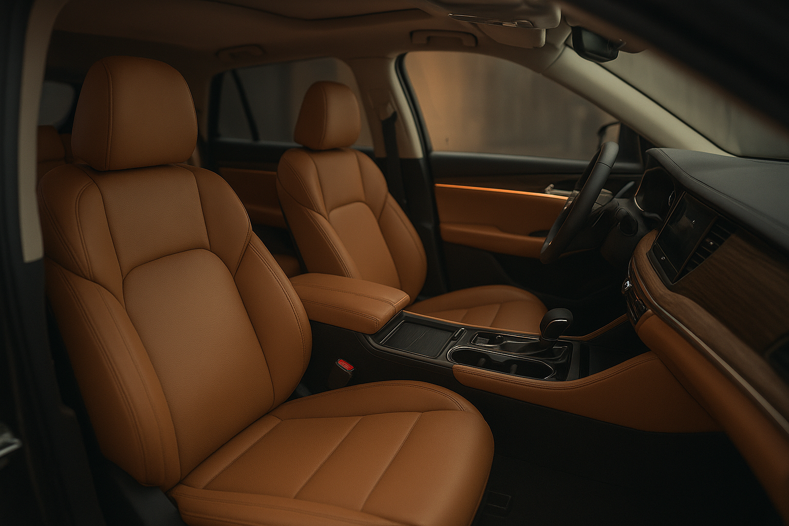 Executive SUV interior with leather seating used for airport transfer service
