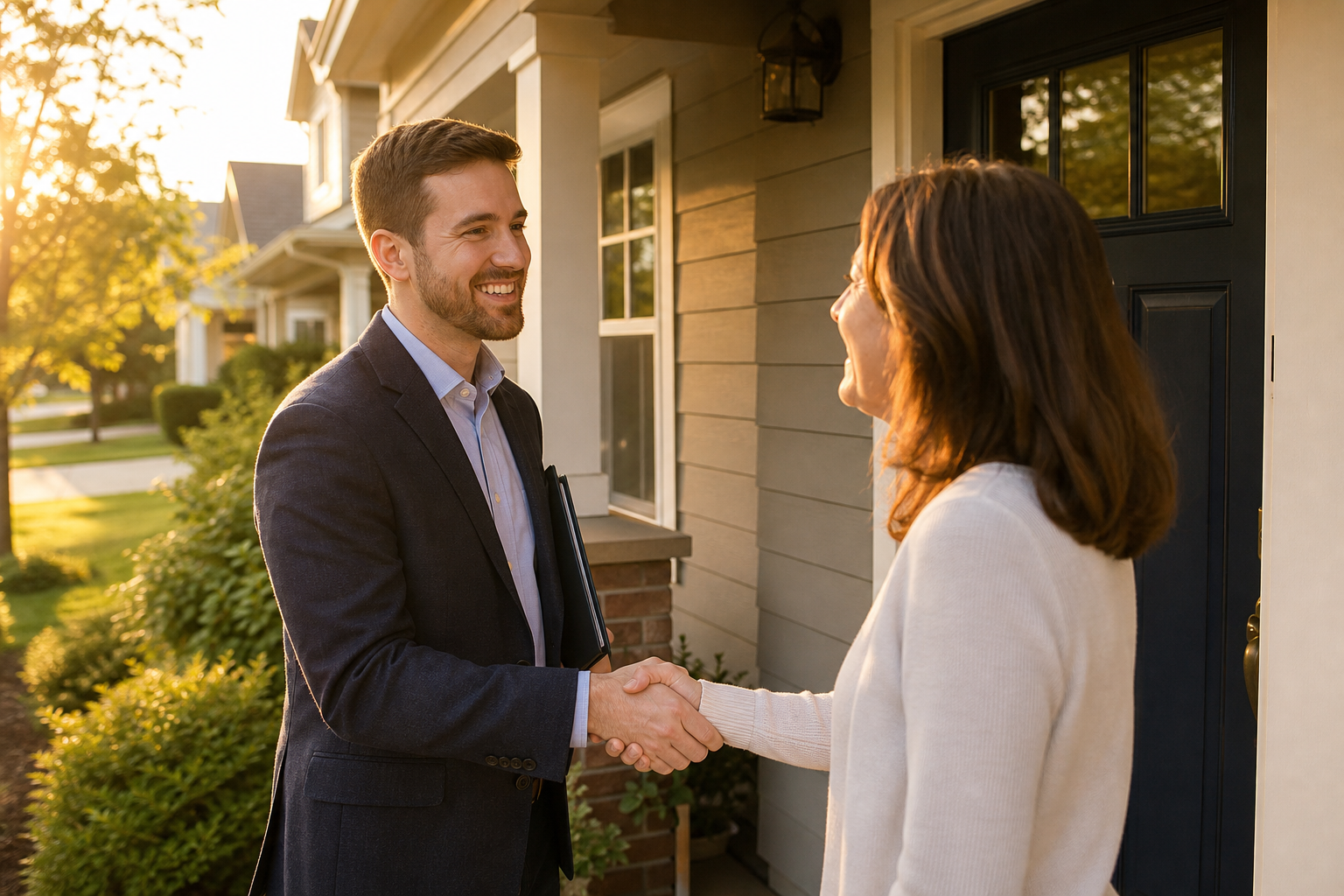 Agent and homeowner shaking hands after a successful listing presentation meeting