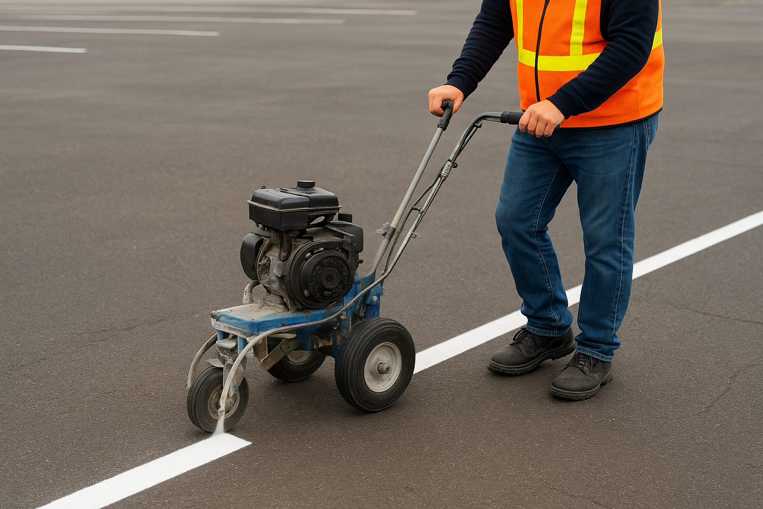 Striping technician applying compliant parking lines on a Denton Texas commercial lot