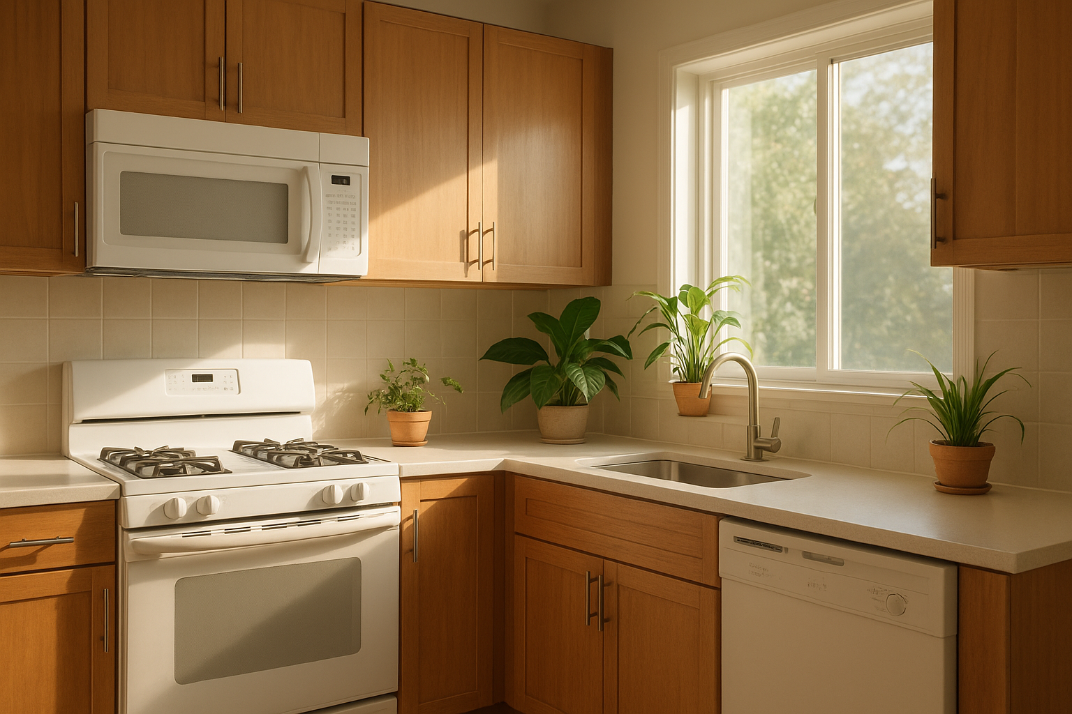 Bright kitchen showcasing sustainable kitchen renovations with refaced wood cabinets and natural light