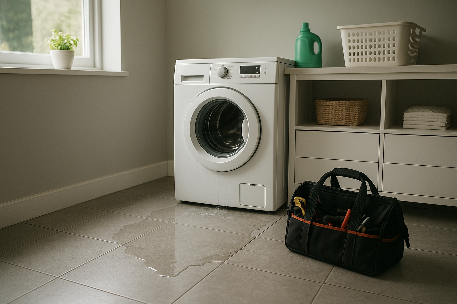 Washer leaking water onto laundry room floor before emergency appliance repair