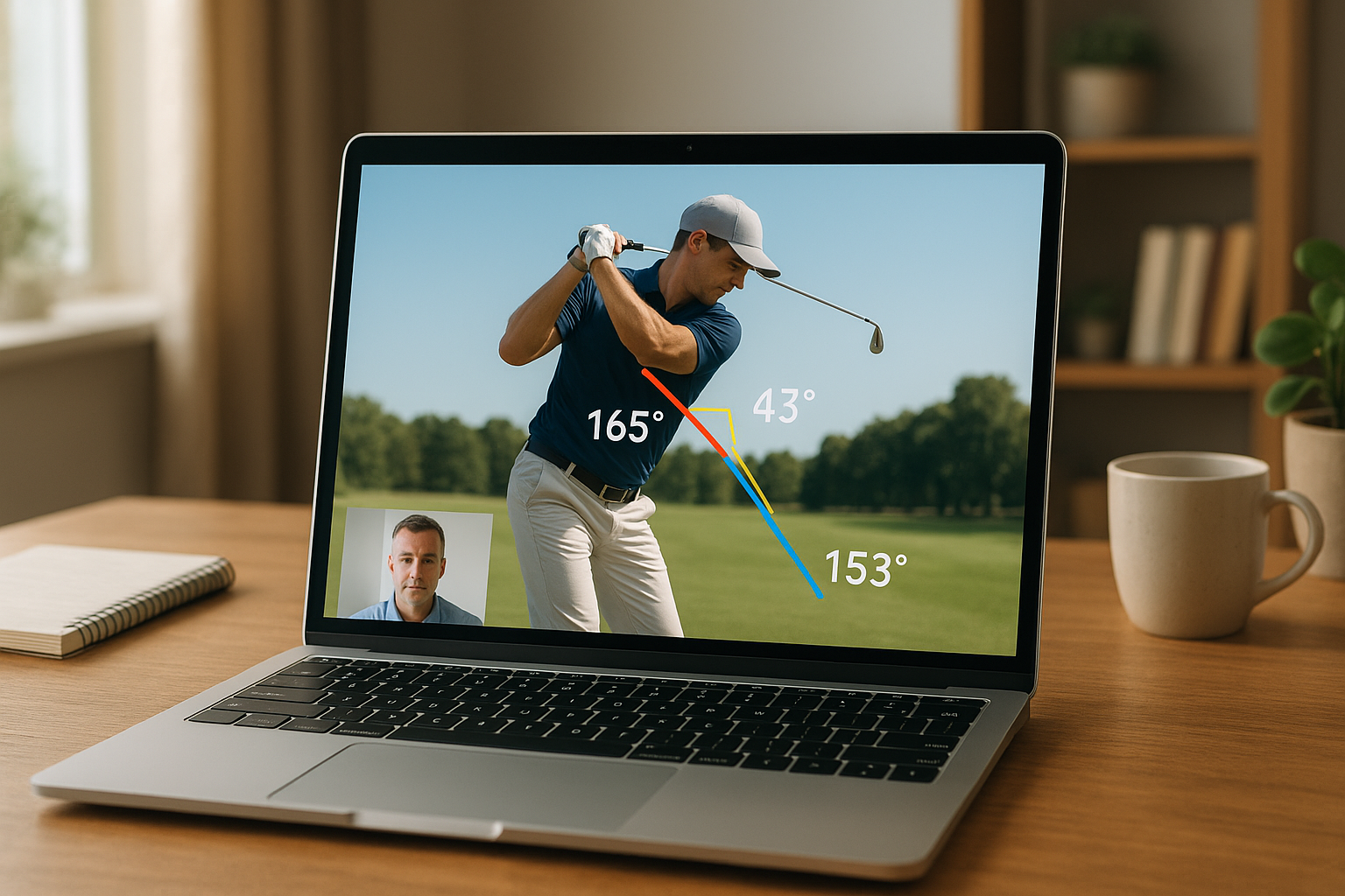 Laptop screen showing remote golf swing video analysis for injury prevention