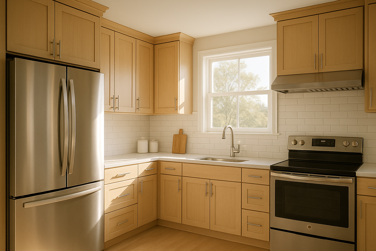 Bright Cincinnati kitchen after an affordable cabinet makeover with refaced light wood cabinets