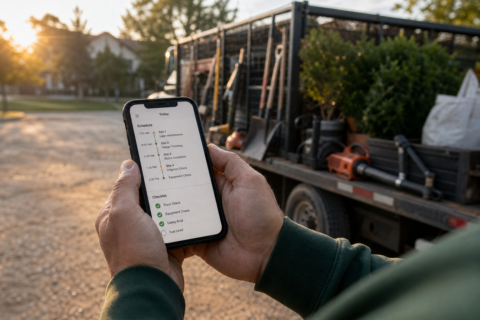 Field crew member checking a job schedule and checklist on a mobile phone