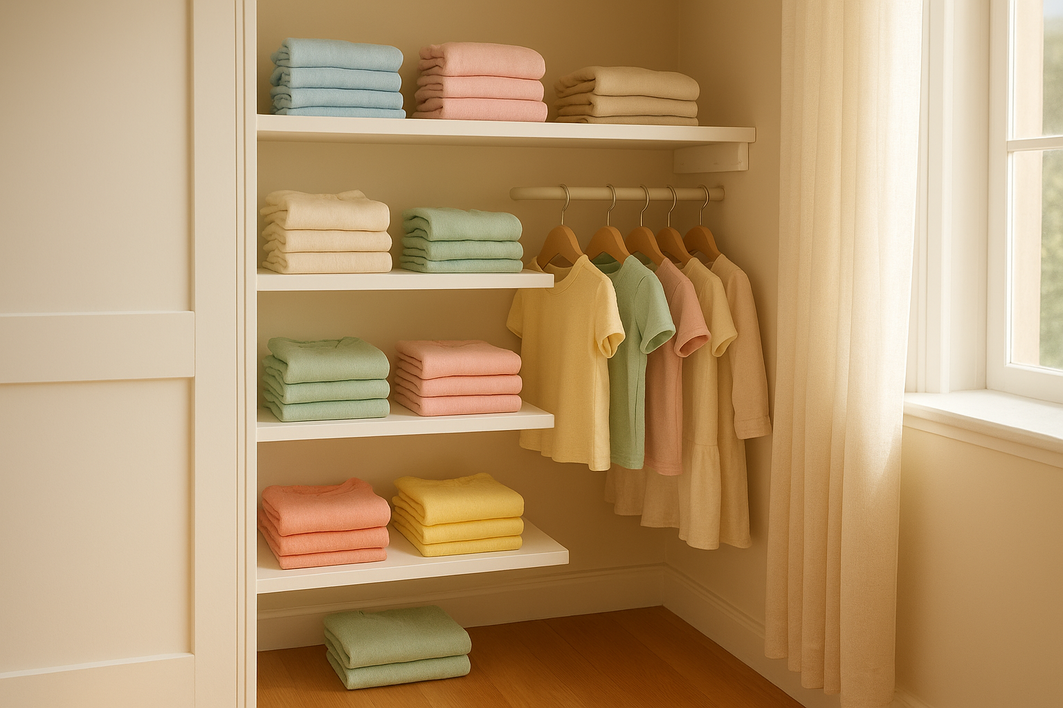 Organized children's closet supported by a children's wardrobe organization service