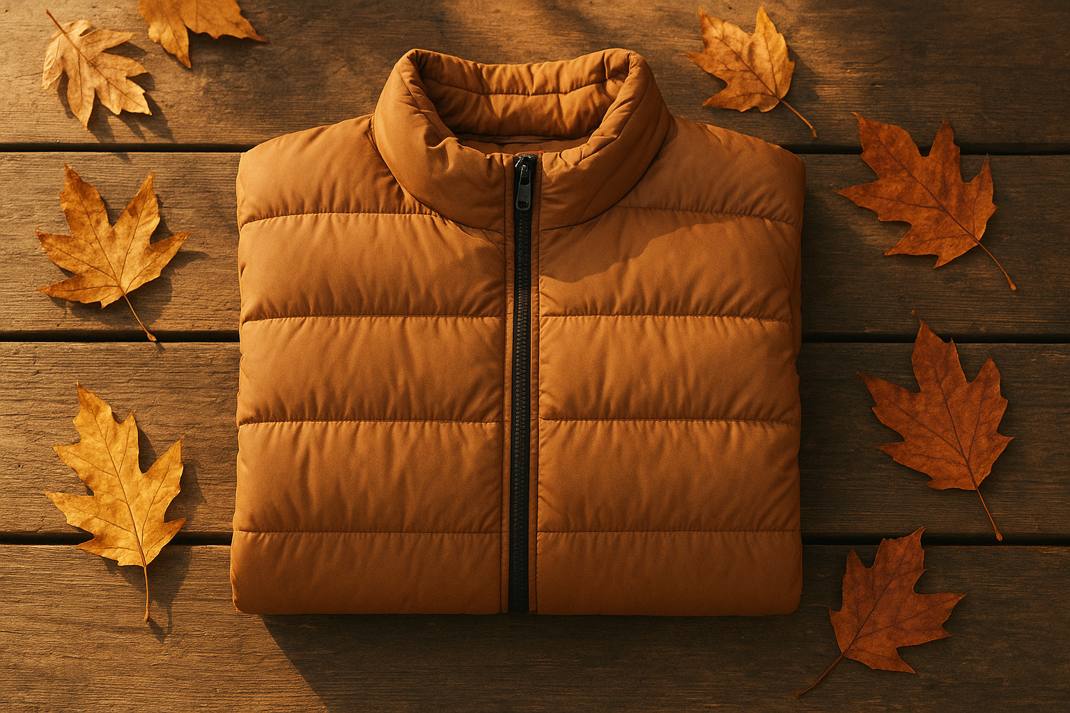 bundle jacket folded on a wooden surface in autumn outdoor setting