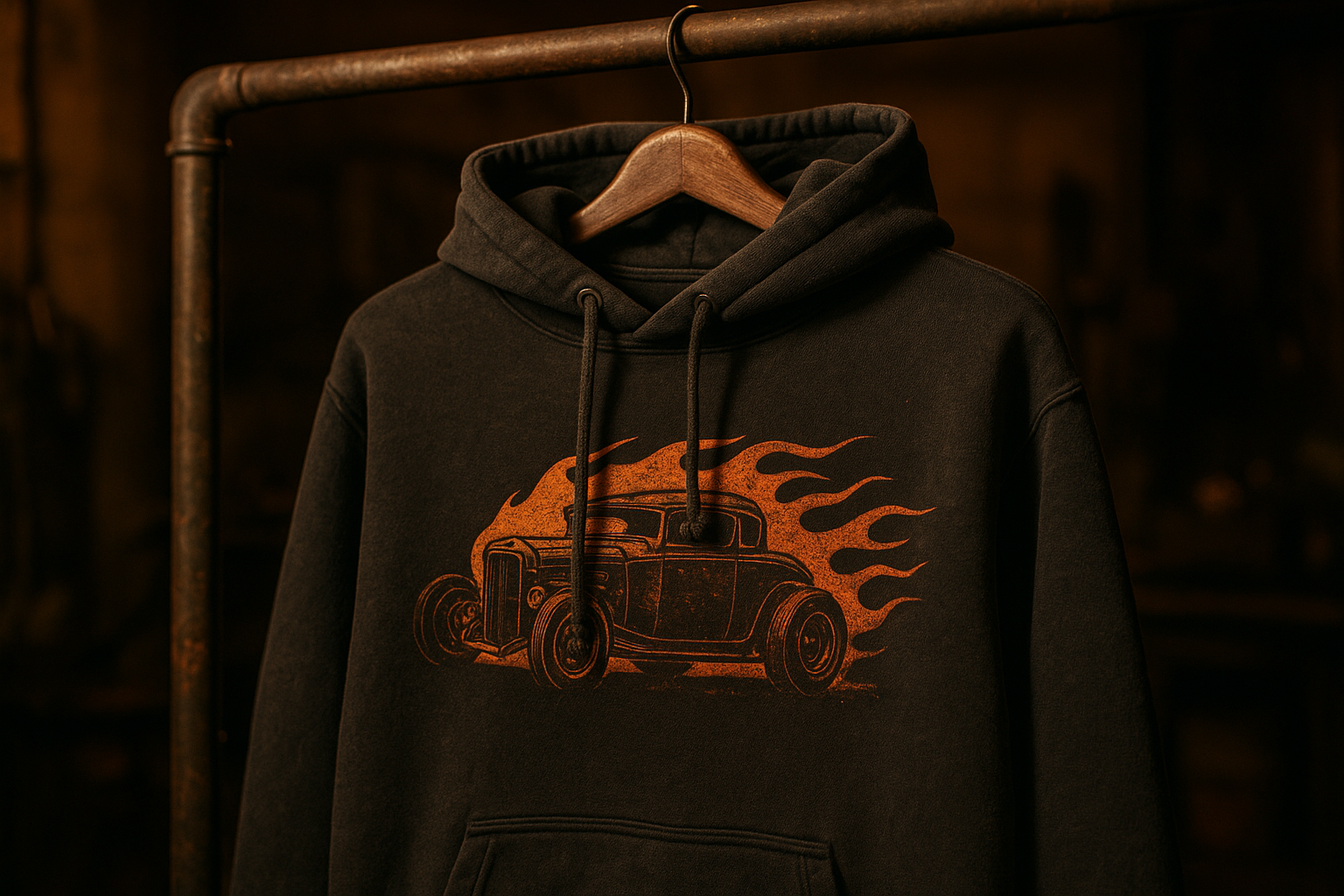 Heavyweight hoodie with distressed hot rod graphic hanging in a garage setting