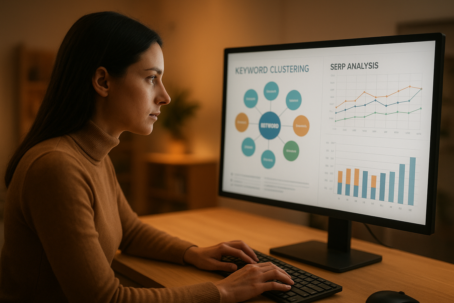 Content strategist reviewing keyword clusters and SERP data from an AI keyword research tool