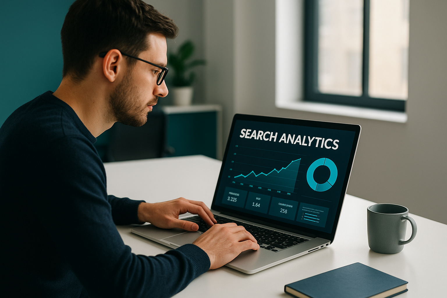 Startup founder reviewing AI-powered SEO for startups dashboard on laptop