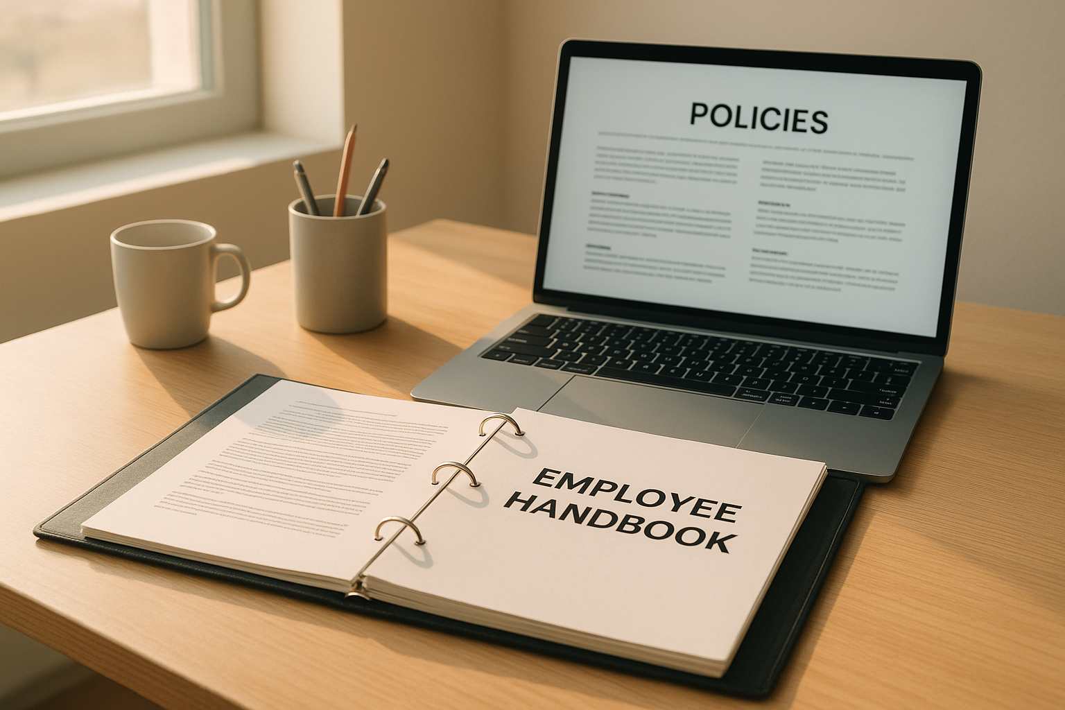 Open employee handbook showing human resources policies examples on an office desk