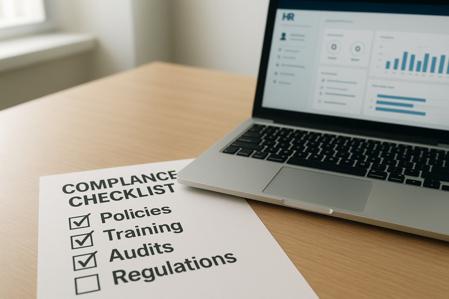 Compliance checklist and HR software dashboard used by HR administrators