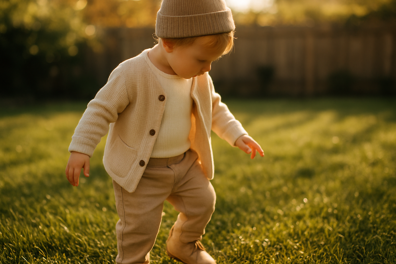 Young toddler wearing premium eco-friendly children's clothing outdoors in natural light