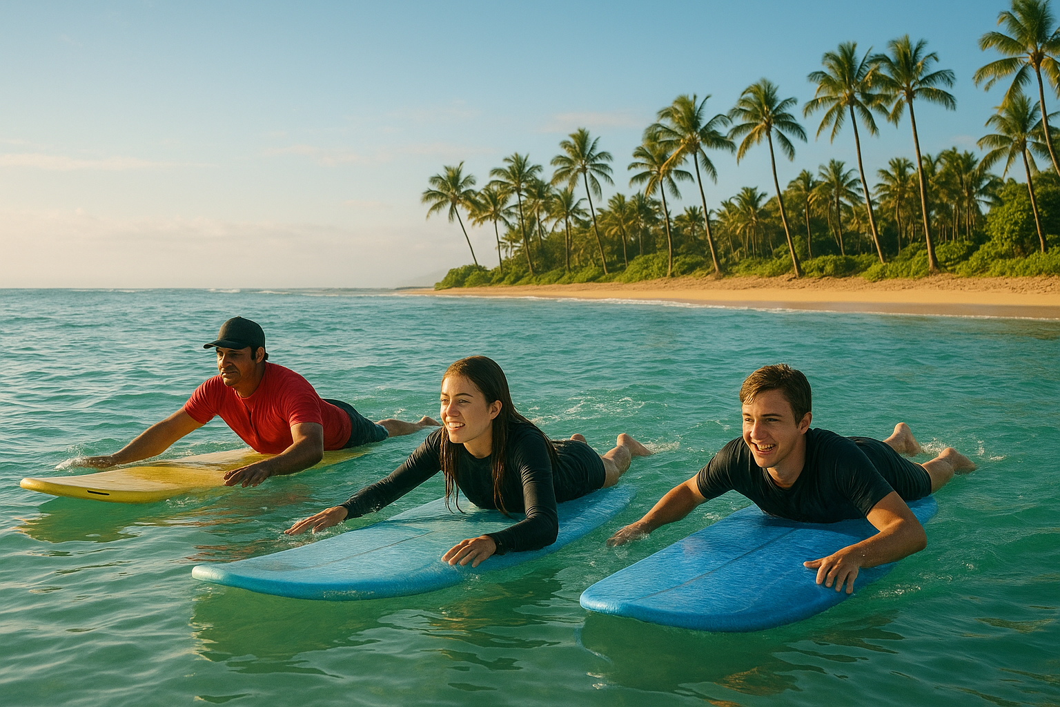 Instructor and students paddling out during an ocean adventure surf packages Hawaii lesson