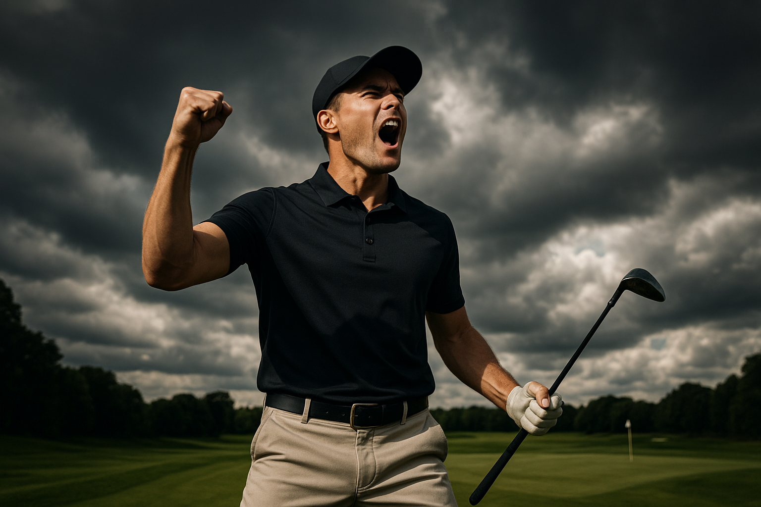 Competitive golfer celebrating a strong shot after coaching-driven swing improvements