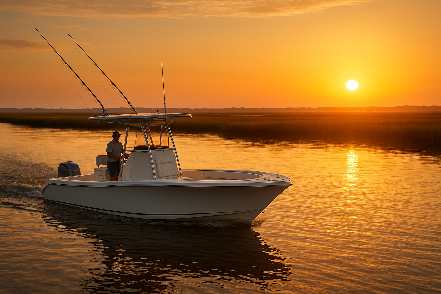 Charter boat navigating the Intracoastal Waterway near Calabash Creek at sunrise